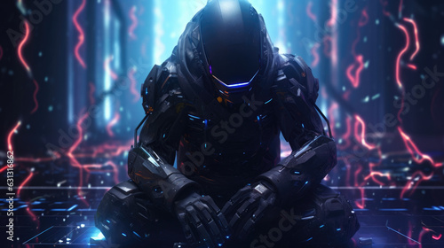 An image of a sleek armorclad cyborg crouching in a dark corner of an underground cybernetic marketplace surrounded by cyberpunk ar © Justlight