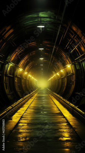 An industriallooking neonilluminated underground tunnel leading to a hidden door at the end. cyberpunk ar