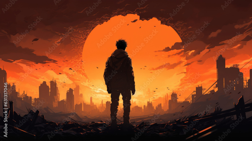 Obraz premium A metallic figure silhouetted against an orange sky its posture expressing hopelessness in the midst of a dystopian world. cyberpunk ar