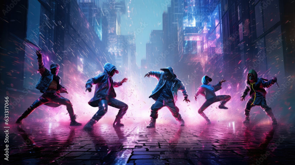 A squad of breakdancers competing in a cyberspace battle silhouetted by a rain of holographic datashards cascading all cyberpunk ar