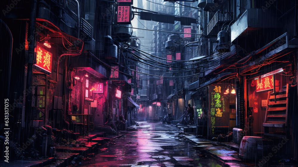 A dimly lit alleyway filled with disheveled old buildings bearing thick layers of dripping neon signs. cyberpunk ar