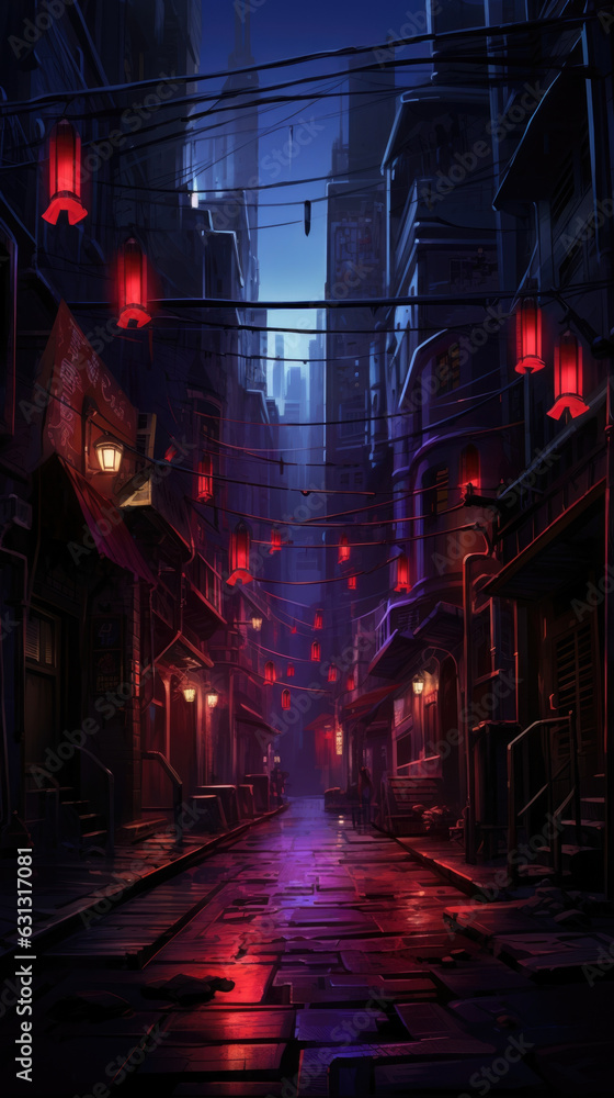 An alley lined with neonlit shops and brightly lit futuristic buildings providing a stark contrast with the dark shadows cyberpunk ar
