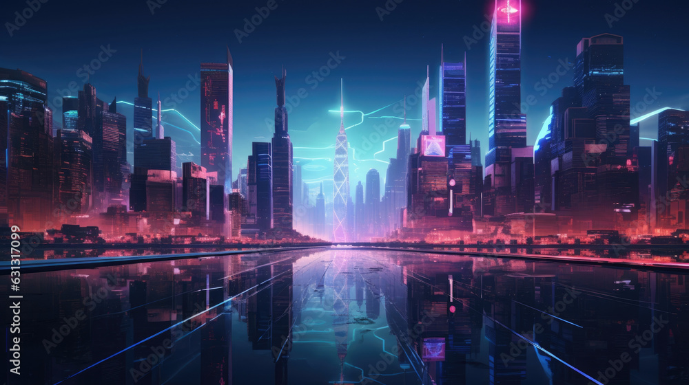 A city skyline illuminated by a clubs bright neon sign. cyberpunk ar