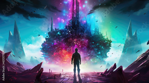 A figure in a steam punk cybernetic armor walking beside a massive crystalline spire emitting a technicolor spectrum cyberpunk ar