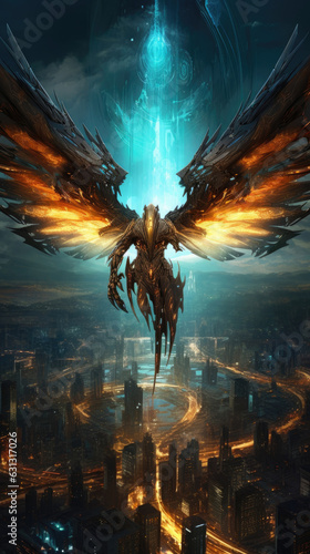 A massive mechadragon hovering above a bustling metropolis glowing with a luminous energy as its wings generate an array cyberpunk ar