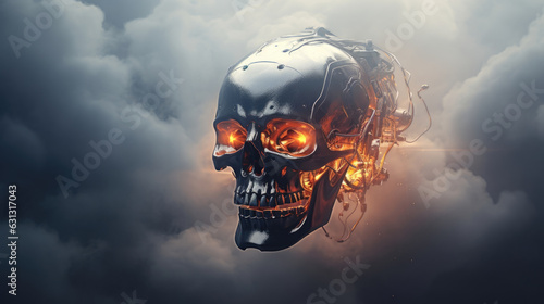 A metallic skull with a glowing cybernetic implant protruding from the side surrounded by clouds of steaming fog. cyberpunk ar