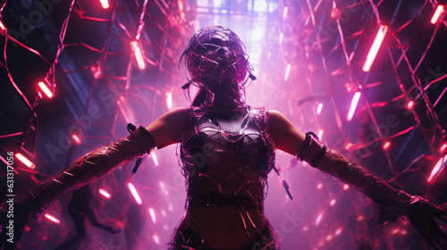 A woman wearing a wireframe exoskeleton in a neoninfused industrial space surrounded by virtual dancers. cyberpunk ar