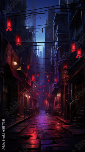 An alley lined with neonlit shops and brightly lit futuristic buildings providing a stark contrast with the dark shadows cyberpunk ar