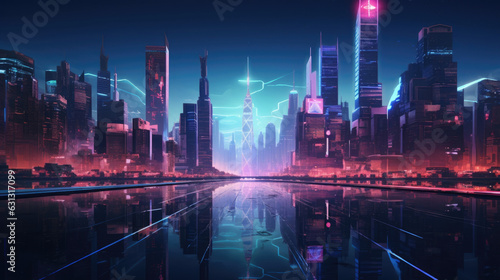 A city skyline illuminated by a clubs bright neon sign. cyberpunk ar