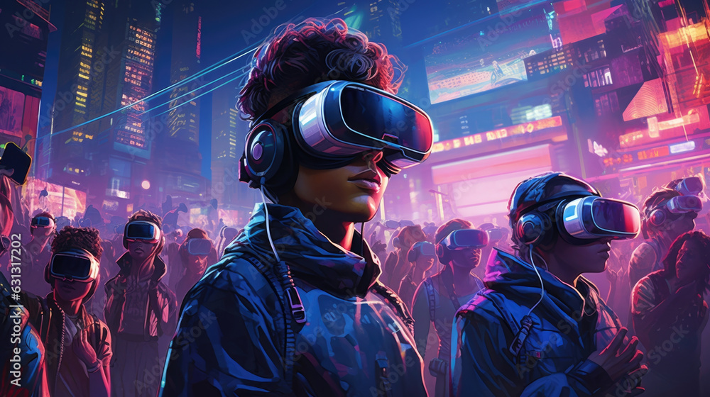 A group of cyberpunk moviegoers donning augmented reality goggles and headsets waiting in a long line in front of a giant cyberpunk ar A group of cyberpunk moviegoers donning augmented reality goggles and headsets waiting in a long line in front of a giant cyberpunk ar