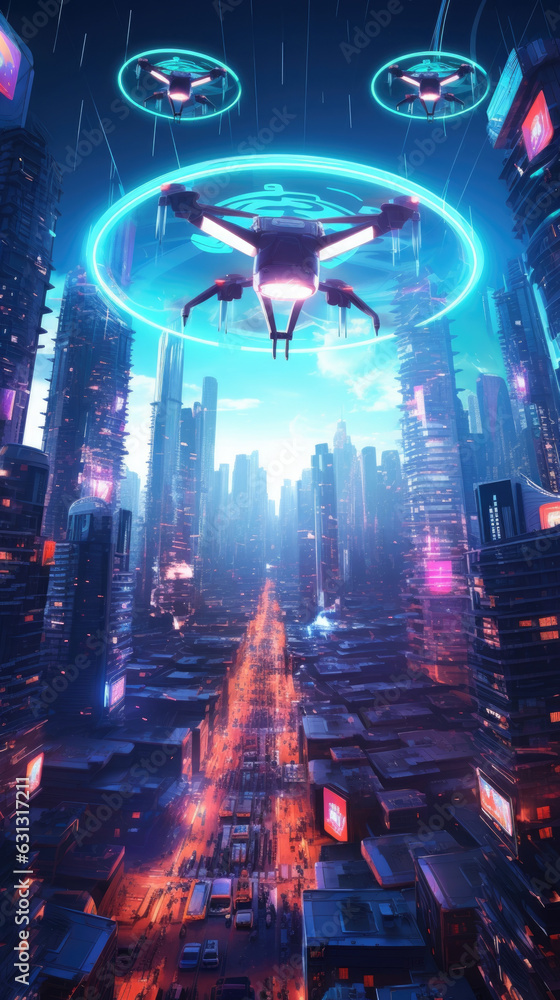 An aerial view of a city skyline filled with flying drones with bright neon signs illuminating the street below. cyberpunk ar An aerial view of a city skyline filled with flying drones with bright neon signs illuminating the street below. cyberpunk ar