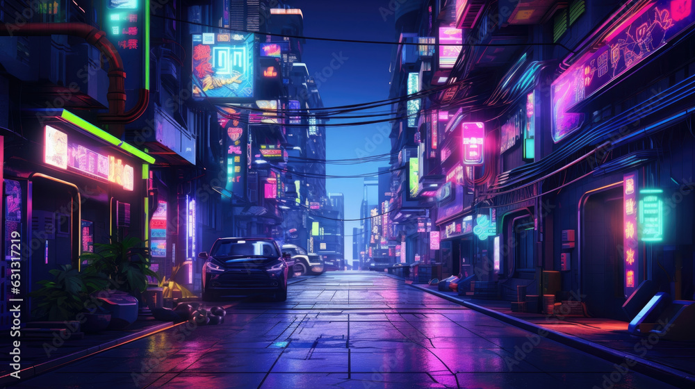 A closeup view of a dark alleyway lined with glowing neon signs and illuminated by colorful spotlights. cyberpunk ar