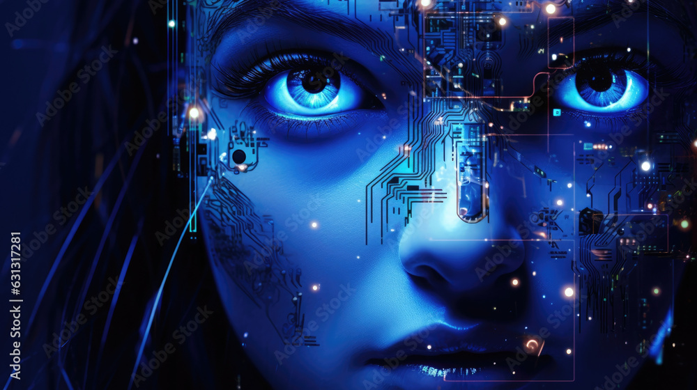 A person's profile with a single circuit board interface emerging from one eye socket glowing in blues and purples as cyberpunk ar A person's profile with a single circuit board interface emerging from one eye socket glowing in blues and purples as cyberpunk ar