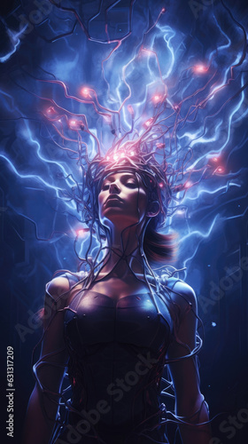 A person's brain with a cybernetic neural pathway emerging from it and glowing brightly in the darkness. cyberpunk ar