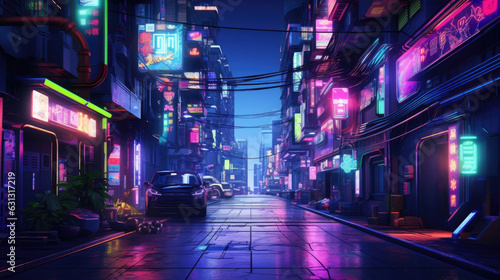 A closeup view of a dark alleyway lined with glowing neon signs and illuminated by colorful spotlights. cyberpunk ar