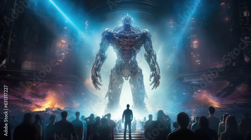 A tall intricately detailed robotic figure standing in front of an illuminated stage surrounded by a futuristic audience. cyberpunk ar