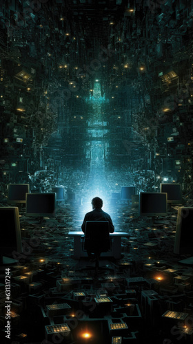 A shadowy figure amidst a sea of illuminated computer terminals seemingly surrounded by an unseen digital presence thats cyberpunk ar