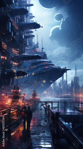 Rainsoaked lights reflecting off of a futuristic ship floating in a murky dock its deck packed with high technology and cyberpunk ar