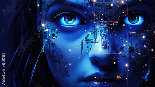 A person's profile with a single circuit board interface emerging from one eye socket glowing in blues and purples as cyberpunk ar