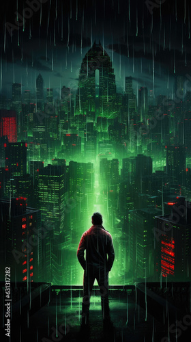 A neon green background of a large cityscape with a single silhouette illuminated by a single red light at night with cyberpunk ar