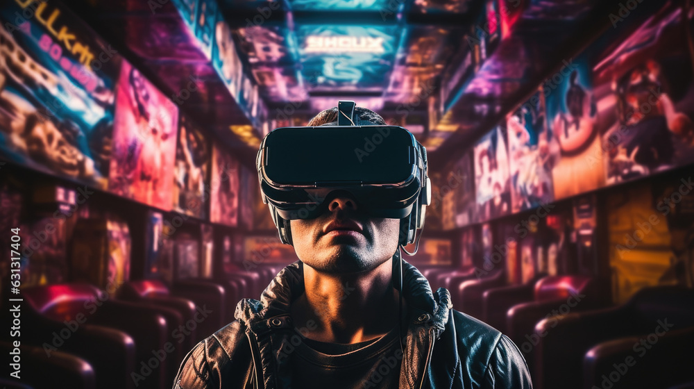 A closeup of a person donning a virtual reality headset while watching a movie in a theatrelike atmosphere. cyberpunk ar A closeup of a person donning a virtual reality headset while watching a movie in a theatrelike atmosphere. cyberpunk ar