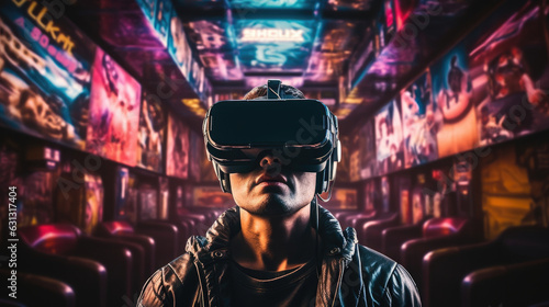 A closeup of a person donning a virtual reality headset while watching a movie in a theatrelike atmosphere. cyberpunk ar © Justlight