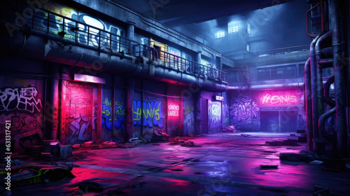 An old abandoned warehouse made of concrete and steel now housing techsavvy rebels in masks illuminated by bright neon cyberpunk ar