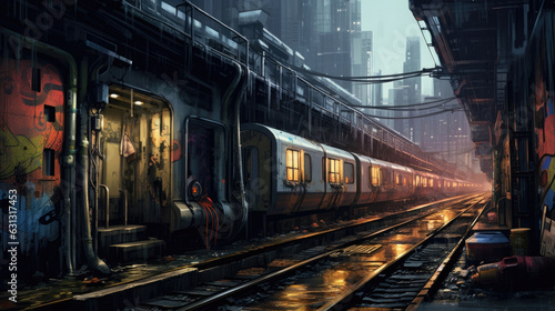 A cyberpunk cityscape filled with graffiti and rust with old subway rails covered in sophisticated tech. cyberpunk ar