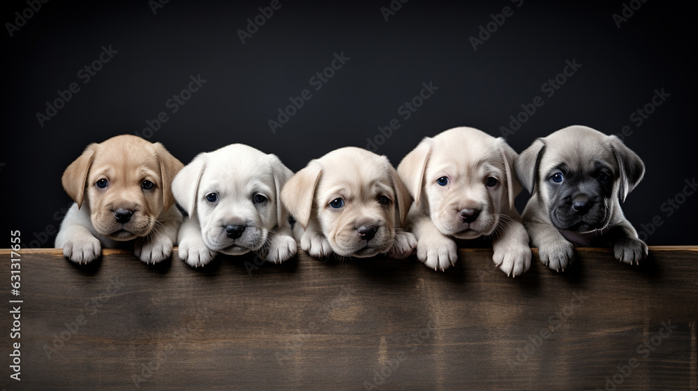 Litter Puppies in studio, portrait of cute puppy litter in a row on dark background, pets, dogs concept, adorable dog copy space