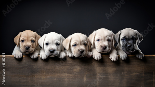 Litter Puppies in studio, portrait of cute puppy litter in a row on dark background, pets, dogs concept, adorable dog copy space