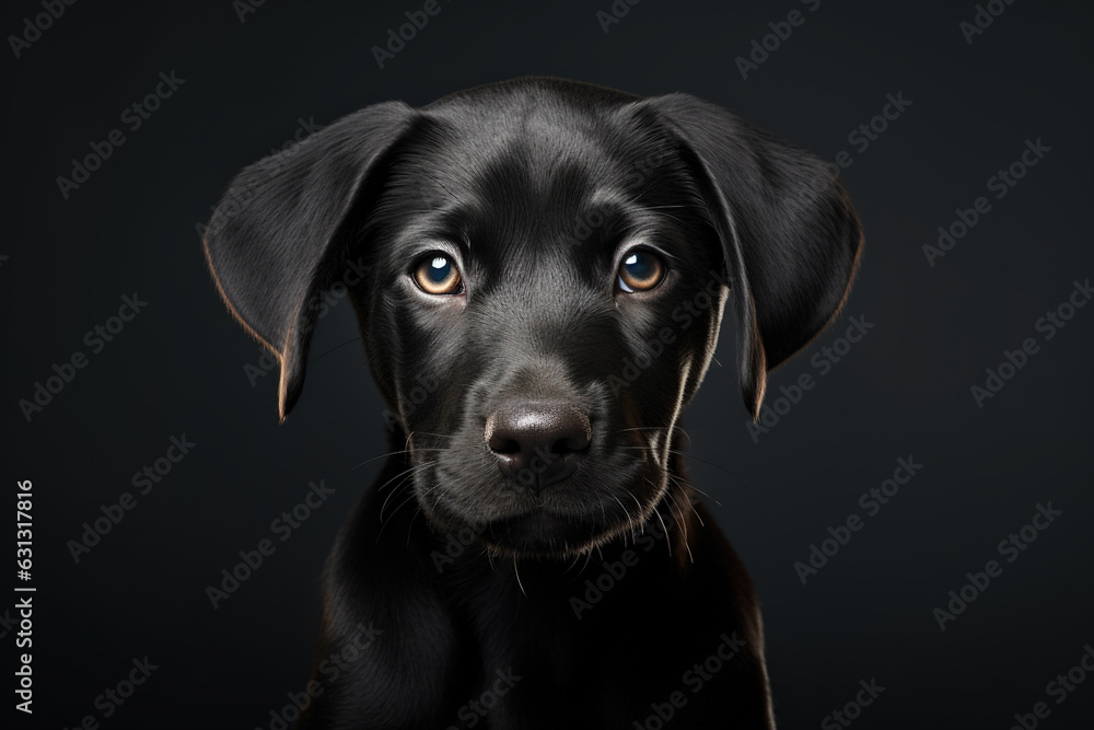 Portrait of black cute puppy dog looking at camera on black background. Copyspace, pet, animals, dogs, puppy concept