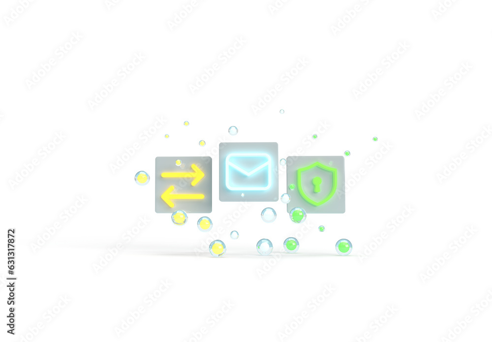 Icons of mail, security, network. 3d render on the web, Internet, websites, technologies, programming, security, mail. Minimal style, transparent background.
