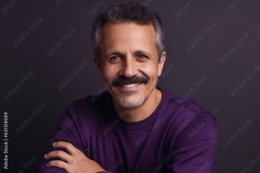 Caucasian mature adult man smiling on a violet background