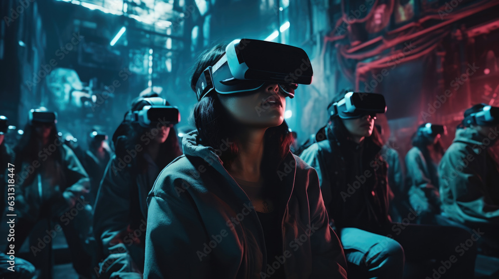 A closeup of a person donning a virtual reality headset while watching a movie in a theatrelike atmosphere. cyberpunk ar A closeup of a person donning a virtual reality headset while watching a movie in a theatrelike atmosphere. cyberpunk ar