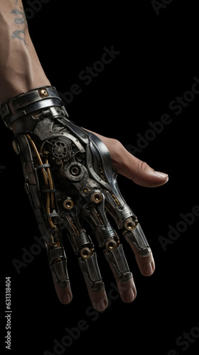 A human hand with a mechanical augmentation ending in a gunbarrel. cyberpunk ar photo