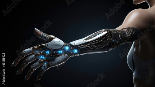A robotic arm with speed and agility beyond human capability controlled by a cyborg figure. cyberpunk ar