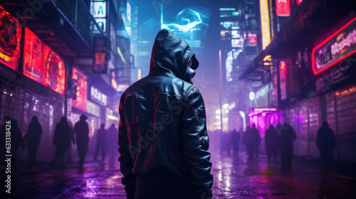 A person wearing a black trenchcoat and gas mask walking down a dirty subterranean street with glowing billboards and cyberpunk ar