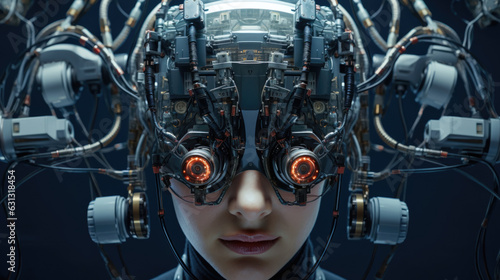 A persons face with various robotic implants including metal visor lenses over both eyes and cables connecting them to cyberpunk ar © Justlight