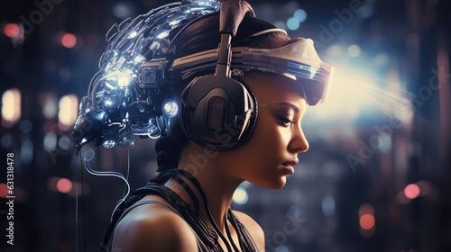 A woman wearing a cyberpunkinspired braininterface neural headset that's connected to the neural defense grid. cyberpunk ar photo