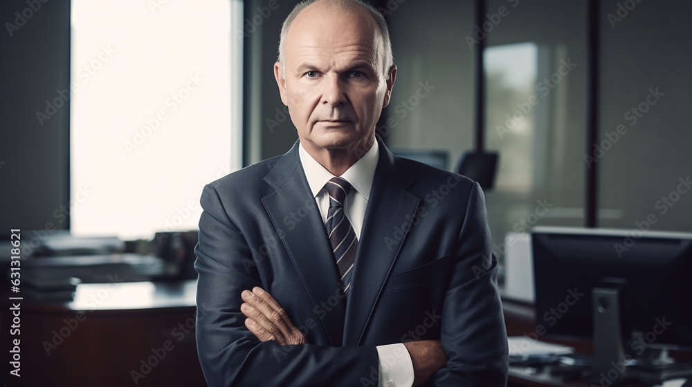 Distinguished Executive: A Middle-Aged Man in a Suit and Tie Standing with Crossed Arms, generative AI Distinguished Executive: A Middle-Aged Man in a Suit and Tie Standing with Crossed Arms, generative AI