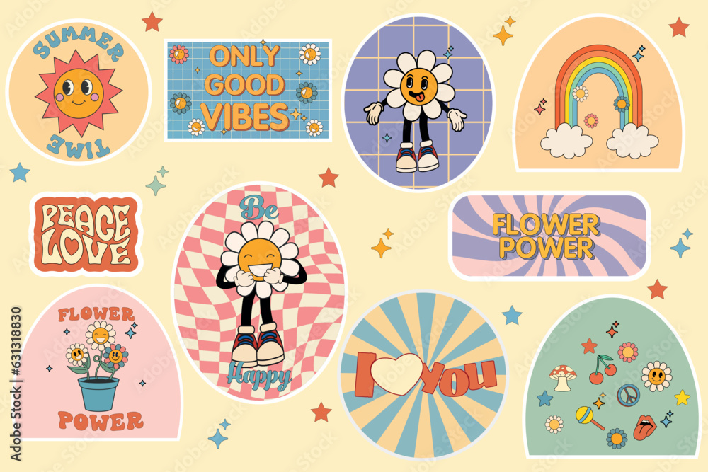 Groovy hippie 70s stickers. Funny cartoon flower,rainbow, peace, Love, heart, daisy, mushroom etc. Sticker pack in trendy retro psychedelic cartoon style. Flower power. Only good vibes. I love you Groovy hippie 70s stickers. Funny cartoon flower,rainbow, peace, Love, heart, daisy, mushroom etc. Sticker pack in trendy retro psychedelic cartoon style. Flower power. Only good vibes. I love you