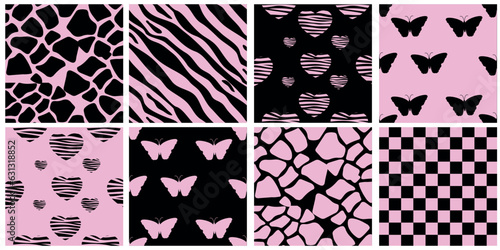 Y2k glamour pink seamless patterns. Backgrounds in trendy emo goth 2000s style. Butterfly, heart, chessboard, mesh, leopard, zebra. 90s, 00s aesthetic. Pink pastel and black colors.