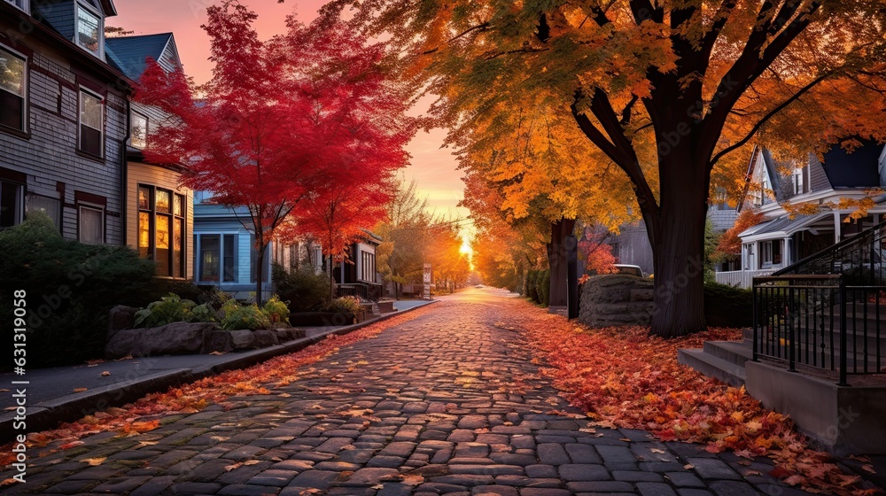 Small town during autumn in the morning, charming suburban lane during autumn, where the sun's rays pierce through colorful trees, casting shadows and illuminating the fallen leaves on the path.