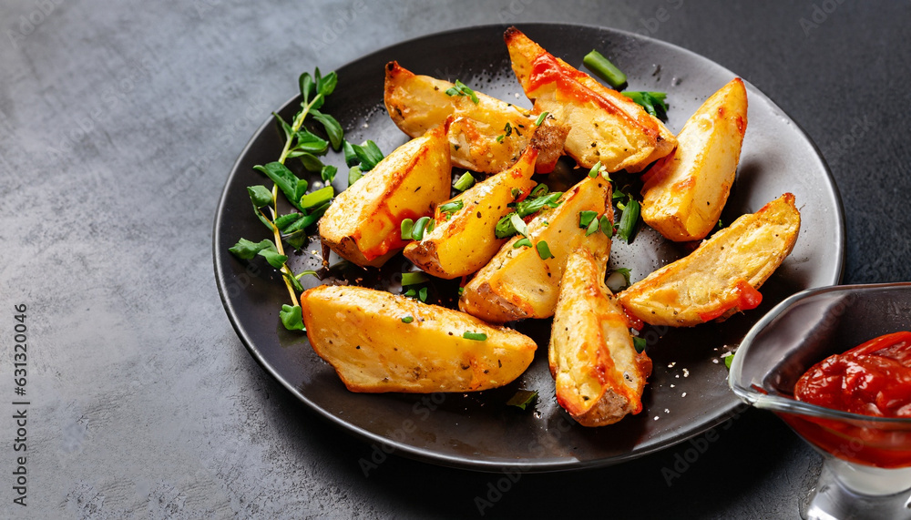 Baked potato wedges with cheese and herbs and tomato sauce on black background - homemade organic vegetable vegan vegetarian potato wedges snack food. Baked potato wedges with cheese and herbs and tomato sauce on black background - homemade organic vegetable vegan vegetarian potato wedges snack food.