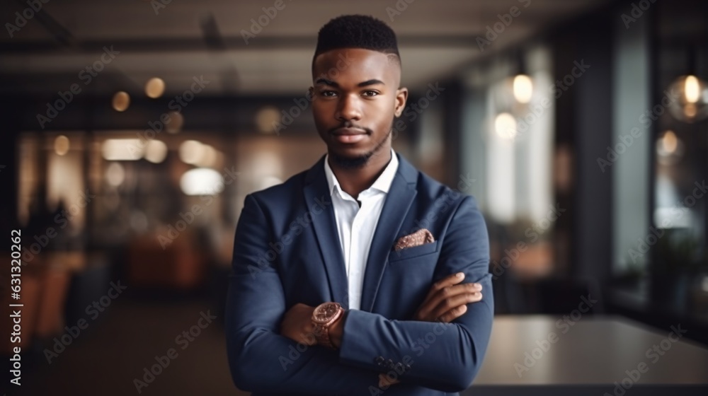A Young Man in a Tailored Suit with Arms Crossed Standing Proudly, generative AI A Young Man in a Tailored Suit with Arms Crossed Standing Proudly, generative AI