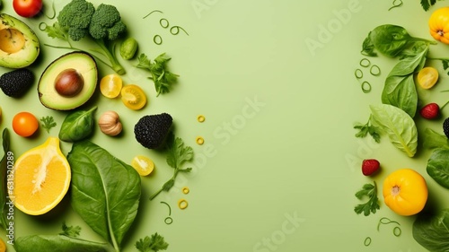 vegetables and fruits flat lay on green background