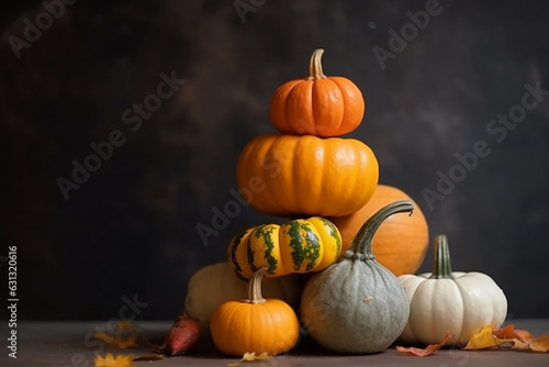 Stack of pumpkins of different sizes and colors  copyspace  studio. Generative AI