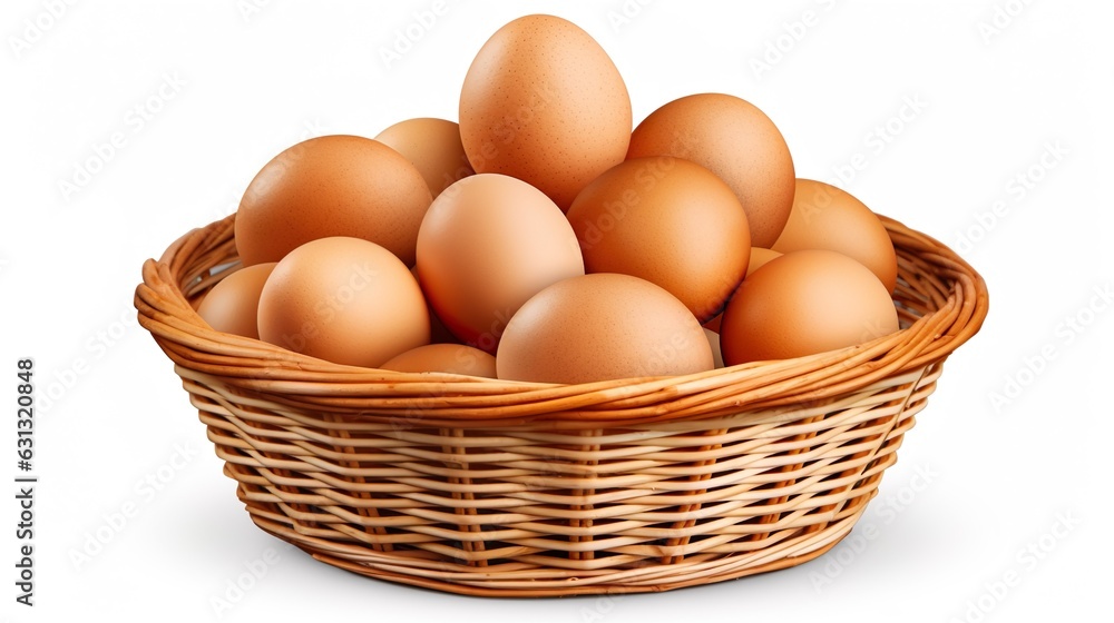 basket of chicken eggs on white background over farm in the countryside basket of chicken eggs on white background over farm in the countryside