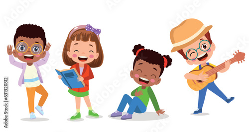 Happy kids cartoon collection. Multicultural children in different positions isolated on white background