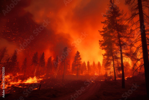 Nocturnal wildfire dramatically consuming a drought-stricken forest, natural disaster